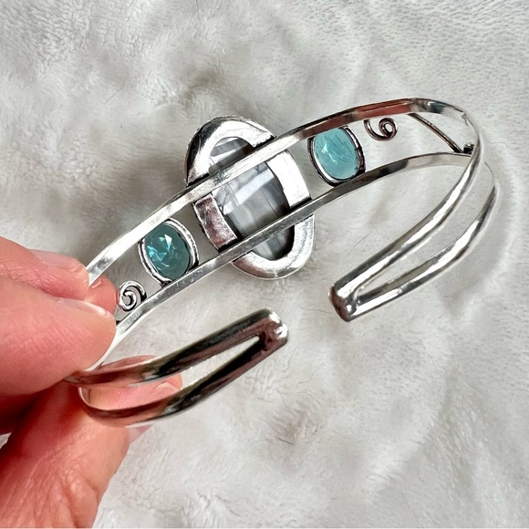 925 Owyhee Opal + Swiss Blue Topaz Cuff Bracelet - Picture 6 of 11